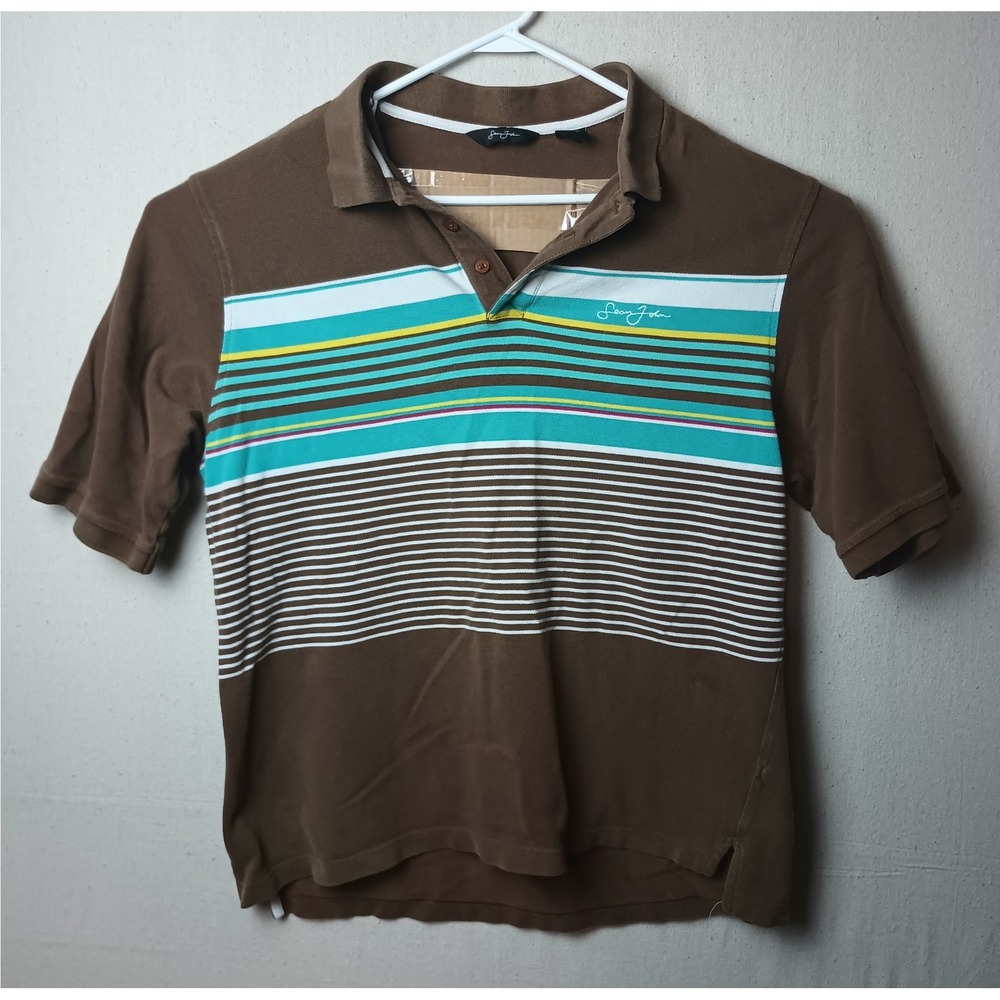 Vintage 90's Sean John Striped‎ Polo Shirt Graphic Print Casual Top Brown XL DD